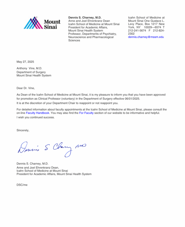 Dr. Anthony Vine Promoted to Clinical Professor at Icahn School of Medicine at Mount Sinai